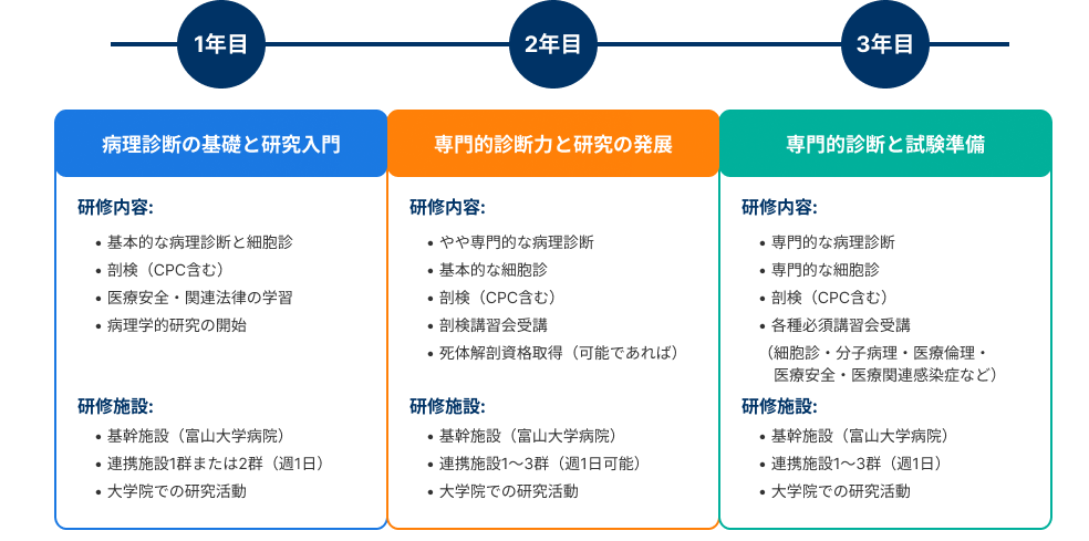 富山大学の病理専門医研修プログラムの概要図（3年間の研修と研究並行型コース）